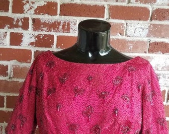 Vintage 60s Elegant Cranberry Red Brocade Silk Jewel Encrusted Crop Top M dressy Gala STUNNING