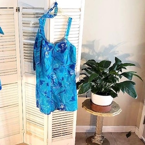 Vintage 50s/60s Cotton Playsuit/Swimsuit/Romper Blue Hawiian Print w/Matching Shirt L CEEB of Miami  RARE