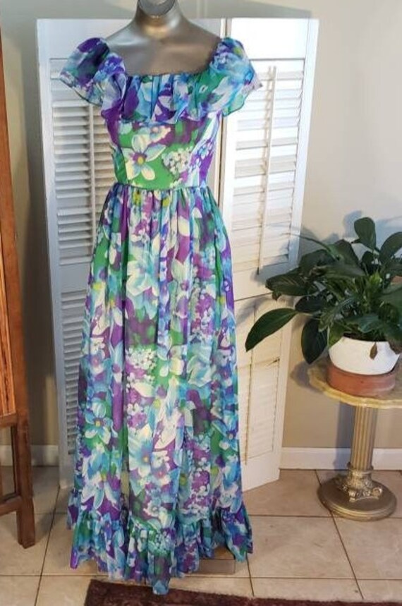 Vintage 60s Floral Maxi with Ruffled Bodice / Uni… - image 2
