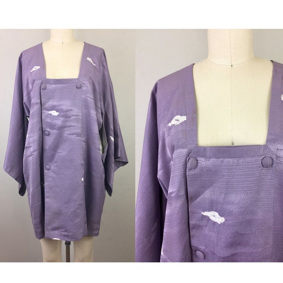 Vintage Japanese KIMONO Purple Clouds Deco Silk R… - image 1