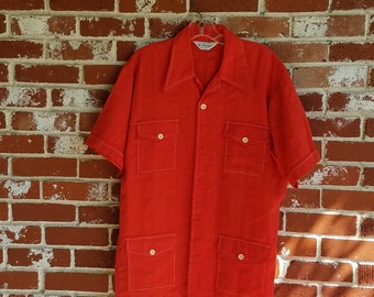 Red 60s 70s SEERSUCKER Shirt Cabana Shirt 4 Pocket Red White L