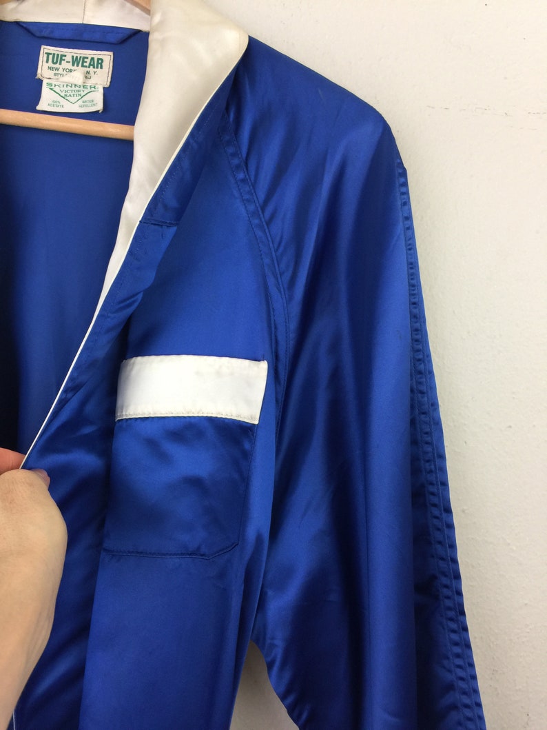 Vintage 1960s Blue and White Satin Robe Boxing Smoking Jacket Mr. USA World Champion S image 3