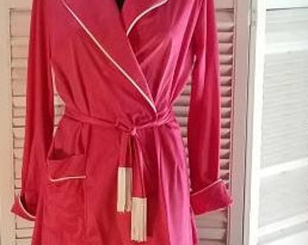 Vintage 60s Hot Pink Robe Shorty Mini Tailored Fringed Belt White Piping M/L