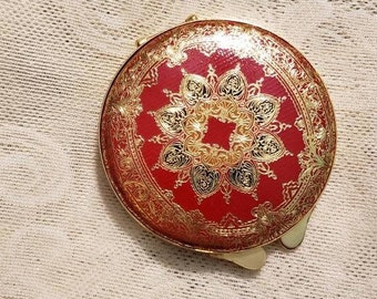 Vintage 60s Dainty Red & Gold  Powder/Rouge  Compact