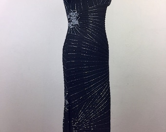 Vintage SCALA Black Beaded Party Dress Silk Deco Flapper S
