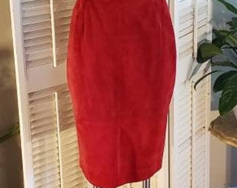 90s Red Leather Pencil Skirt Kick Pleat 24 waist