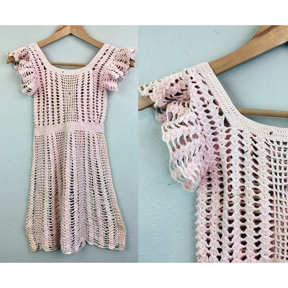 Vintage 30s Child's Dress Pale Pink Crochet Knit 1