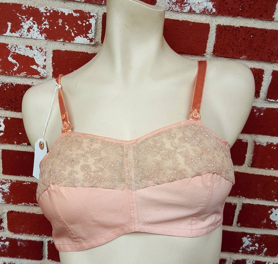 Vintage 1930s 40s Pink Cotton BRA w/ Cotton Lace -