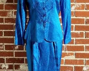 Vintage 80s Intensely Blue Silk Skirt Suit Deadstock Adrianna Papell M