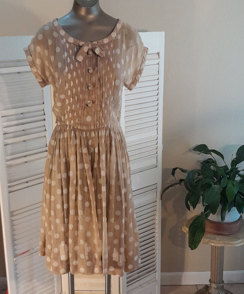 Paul Sachs 50/60s Original Semi Sheer Tan/White Polka Dot Shirtwaist Day Dress M/ image 1