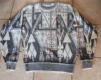 Vintage 80s/90s Gray White Cool Pattern Sweater L