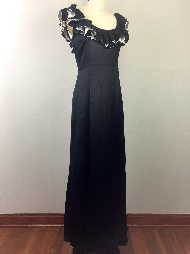 Vintage 30s Black Liquid Satin Gown Hollywood Glam Dress Ruffle Neck 1930s Party Evening S image 2
