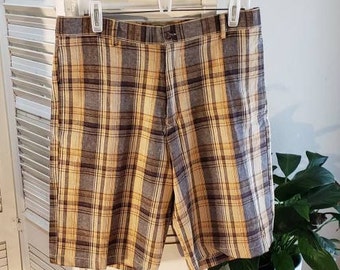 Vintage 80s Mens Plaid linen Golf Shorts  34 W  Flat Front