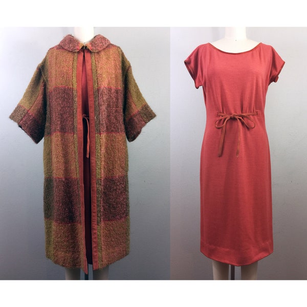 Vintage 1960s BONNIE CASHIN Sills Swing Coat and Dress Set Plaid Bouclé Wool and Knit Jersey M