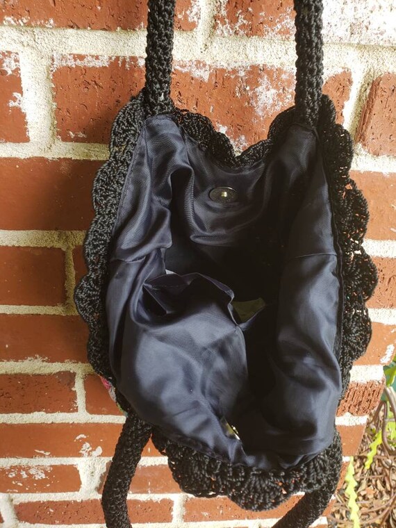 Vintage 60s Black Hand Crochet Bag w/Splashes of … - image 3