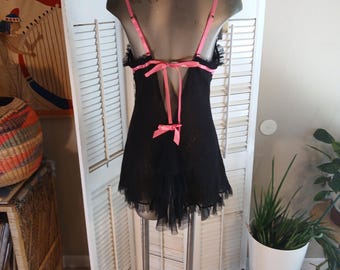 Vintage Betsey Johnson Black n Pink Mini Dress/ Babydoll Gown / Back Ruffle / L