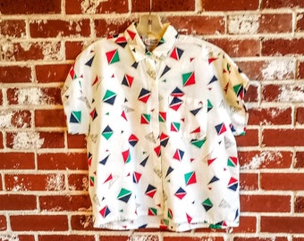 Vintage 80s Iconic Triangle  Pattern Print Top Cap Sleeve Pocket m/l