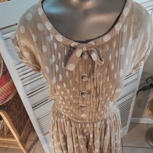 Paul Sachs 50/60s Original Semi Sheer Tan/White Polka Dot Shirtwaist Day Dress M/ image 2