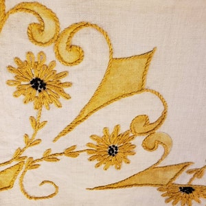 Vintage 40s Yellow Gold Cotton Tablecloth Hand Embroidered image 1