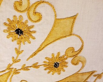 Vintage 40s Yellow Gold Cotton Tablecloth Hand Embroidered