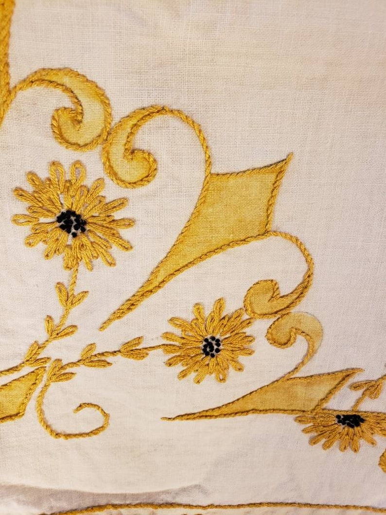 Vintage 40s Yellow Gold Cotton Tablecloth Hand Embroidered image 1