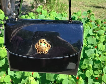 Vintage 50s / 60s Black Patent Leather Bag W/ Crab / Sign of Cancer / Astrological / Novelty  Bag /  Purse