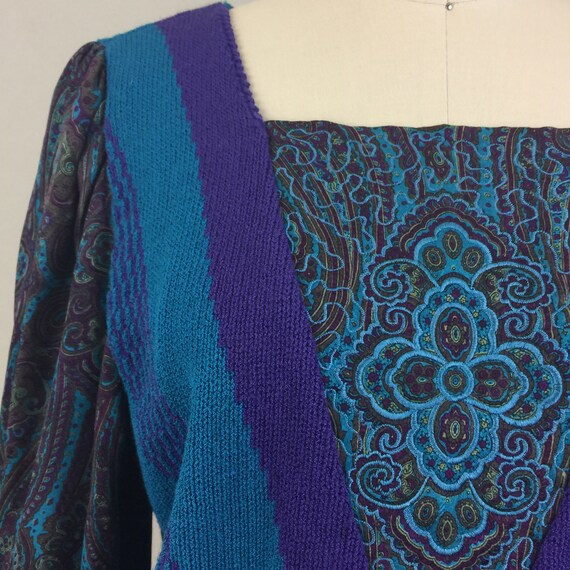 Vintage 80s 90s Blue Teal Abstract Paisley Sweate… - image 3