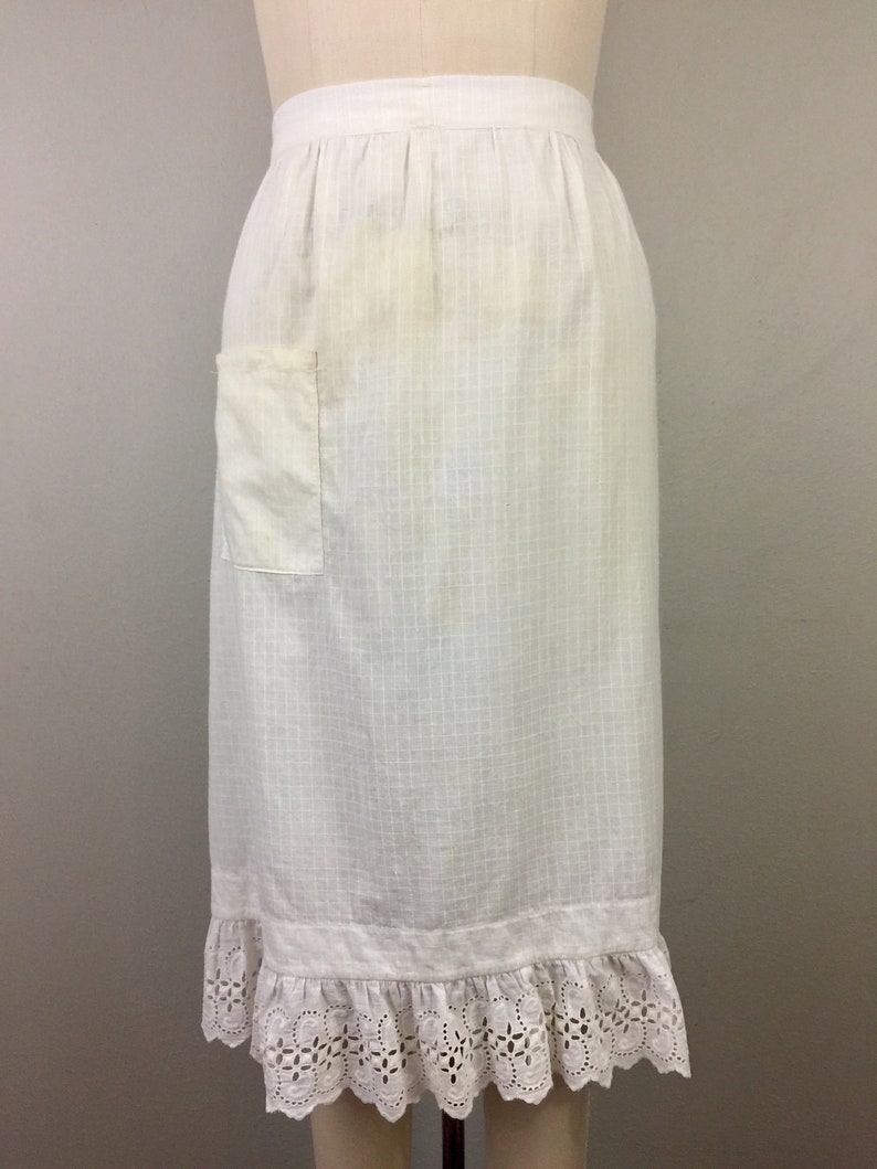 apron antique vintage Victorian Edwardian White Cotton w/ Eyelet Ruffle Trim image 2