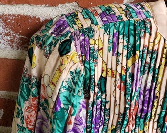 Vintage 80s Diane Freis Silk Top Blouse Puffy Sleeve Pleats Floral