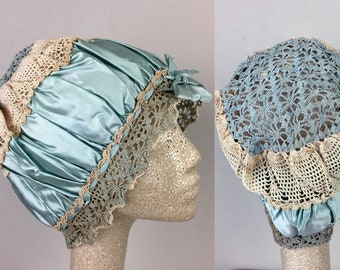 Antique Edwardian Blue Silk Satin Crochet Bonnet Hat 20s Flapper