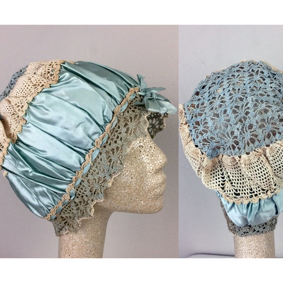 Antique Edwardian Blue Silk Satin Crochet Bonnet H