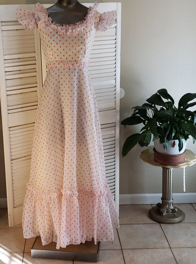 Vintage 80s Ruffled Pink/White Polka Dot Ballgown / Empire Waist / Regency Core / Barbie Dress image 1