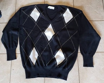 Vintage 80s/90s Black/White Clark & Gregory Argyle Cotton V neck Golf Sweater  L