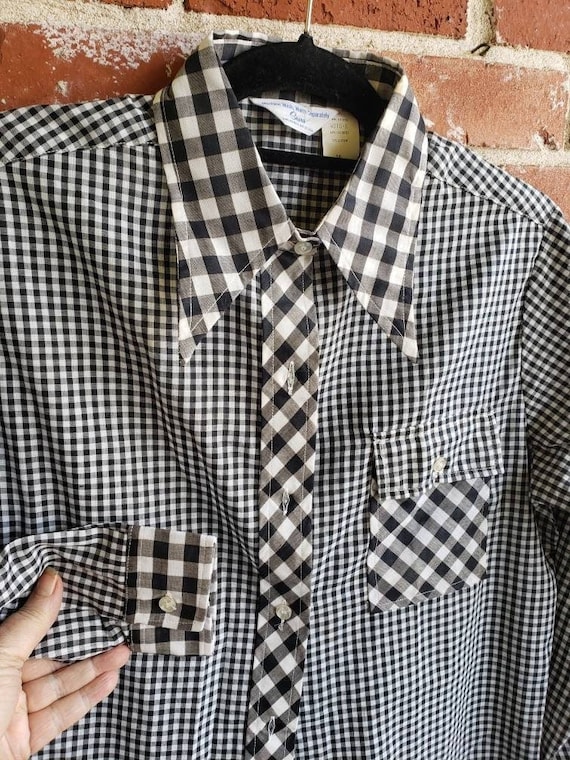 60-70’s Vintage Open Collar Check Shirt Vintage 60s/70s MOD Bl/wh Check Print Butterfly Collar Shirt