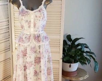 Vintage 70s Strappy Gunne Sax Dress Peplum Floral Print Sz Sm/Med White/Lavender