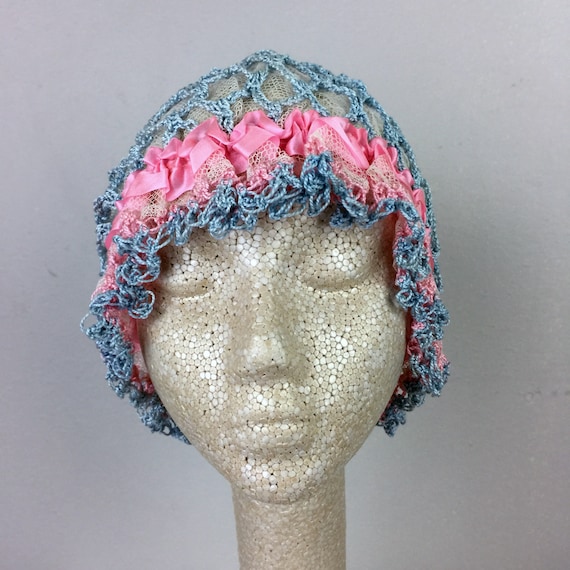 Antique Edwardian Blue Crochet Bonnet Hat 20s Fla… - image 3