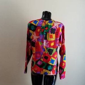 Vintage 80s Emmanuel Ungaro Clubs Diamonds Spades Hearts Neon Print Silk Shirt Blouse M image 5