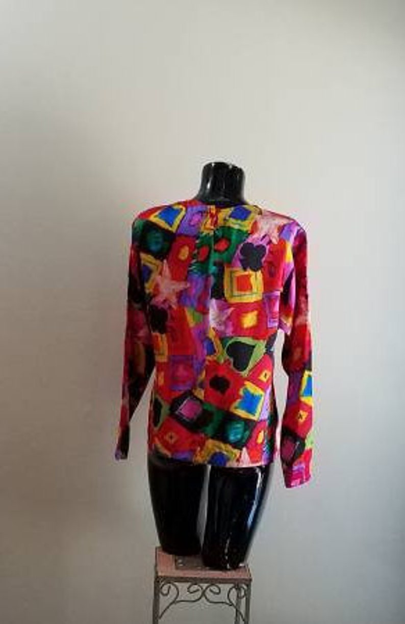 Vintage 80s Emmanuel Ungaro Clubs Diamonds Spades Hearts Neon Print Silk Shirt Blouse M image 5