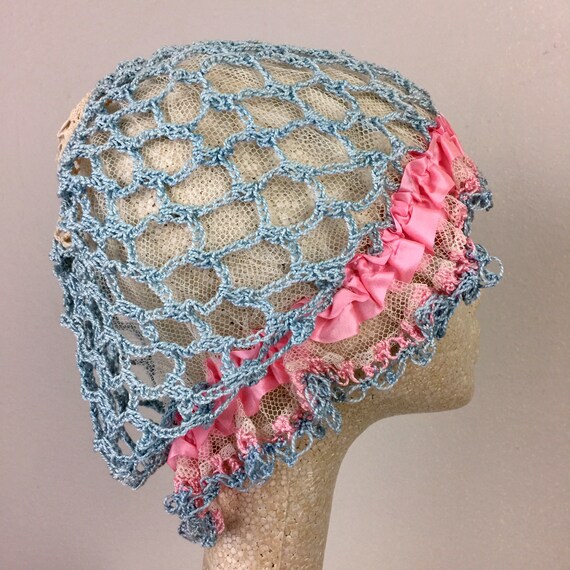 Antique Edwardian Blue Crochet Bonnet Hat 20s Fla… - image 4