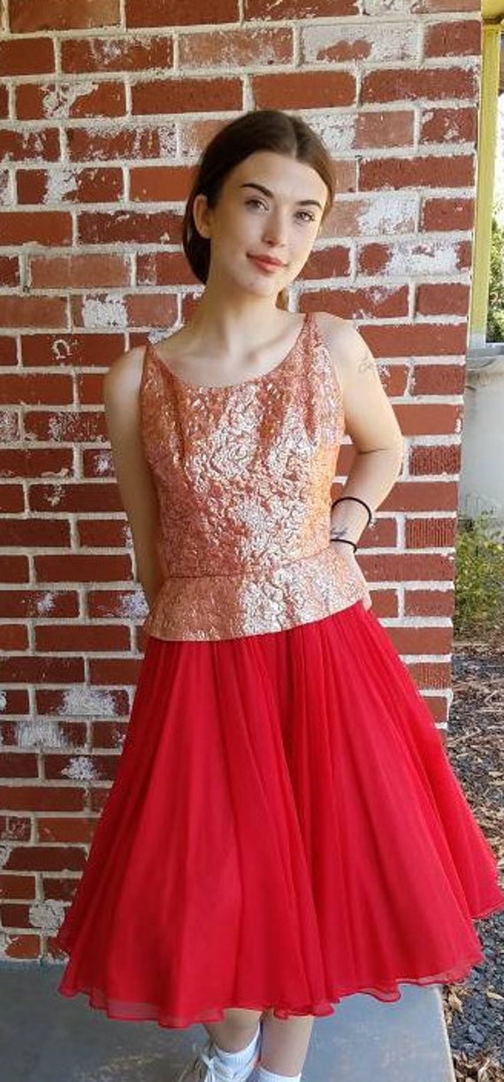 Vintage 50s/60s Strappy  Red Dress Brocade Silk Ch