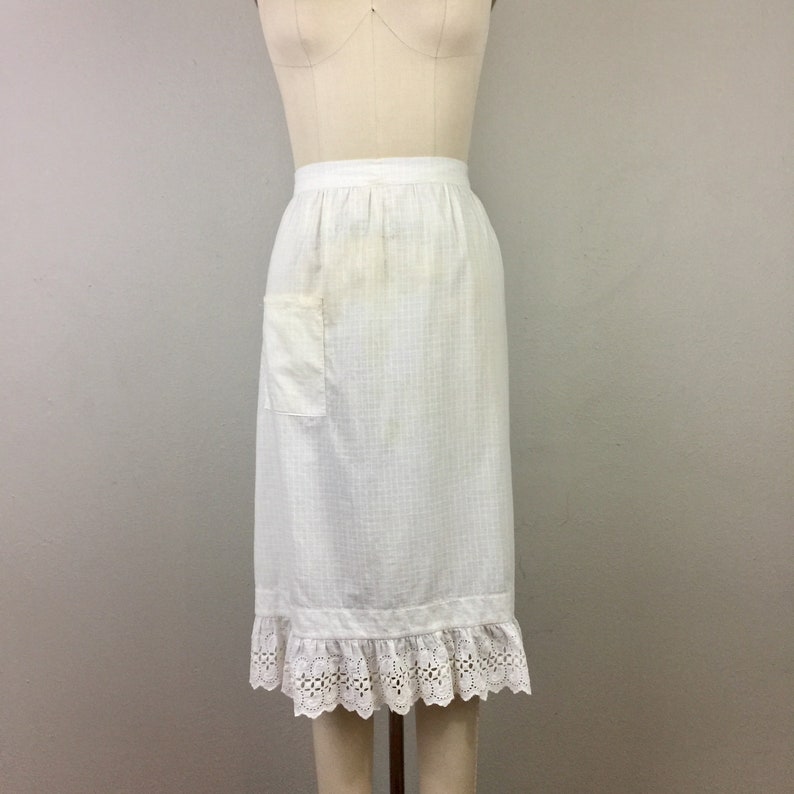 apron antique vintage Victorian Edwardian White Cotton w/ Eyelet Ruffle Trim image 1