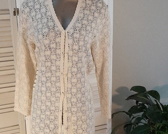 1960s Vintage Hand Crocheted Lace Cardigan / Tunic Length / Belt / Medium