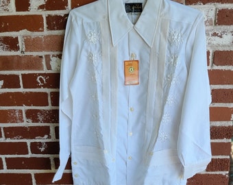 Vintage 80s Mens White on White Embroidered  Guayabera /Mexican Wedding Shirt 4 Pockets / Deadstock/ Long Sleeve