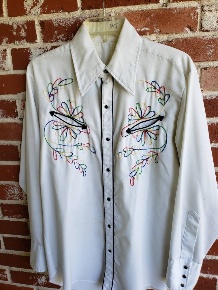 Vintage 60s/ 70s Western Shirt Chainstitch Embroidered Pearl Snap