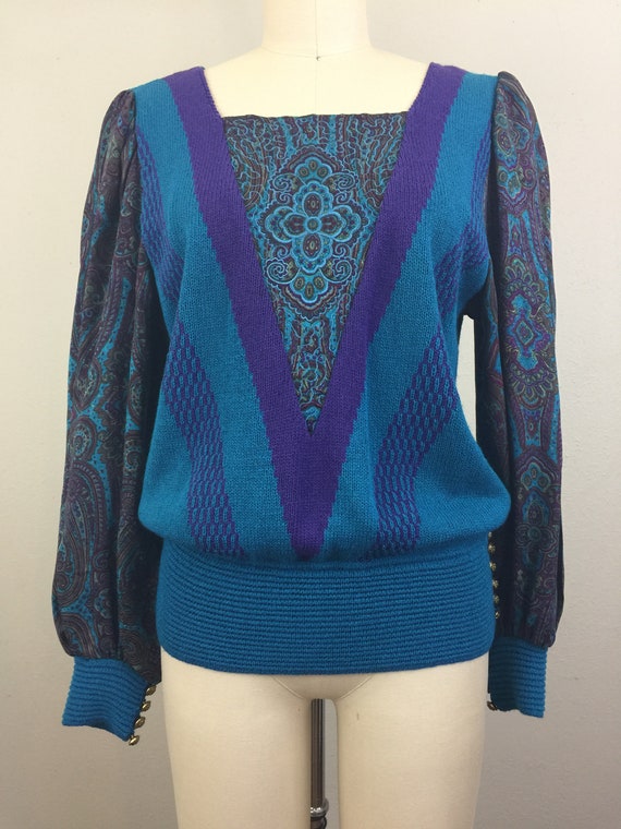 Vintage 80s 90s Blue Teal Abstract Paisley Sweate… - image 2