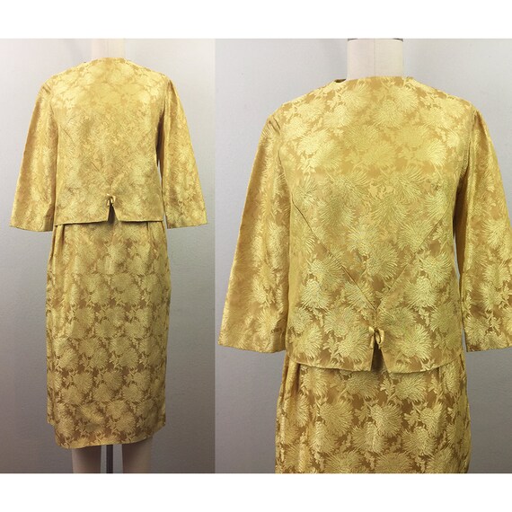 Vintage 50s 60s Gold Floral Brocade Top and Skirt… - image 1