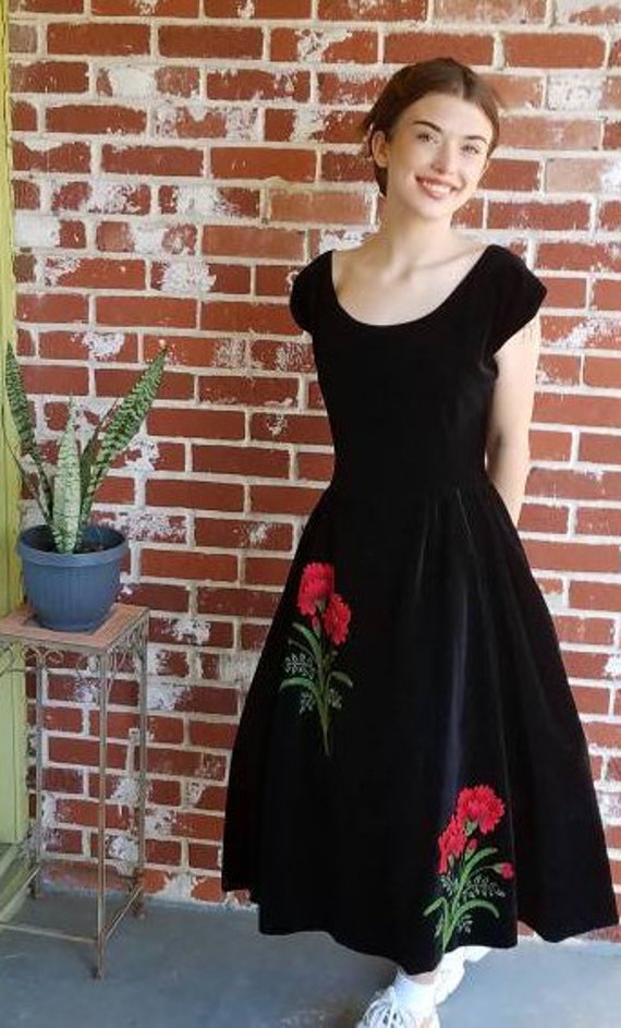 Vintage 50s TINA LESER ORIGINAL Black Velvet Dress