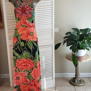 Vintage 60s 70s Floral Maxi Dress Flower Power Jersey / Sequined Detail Bodice / S/M image 2