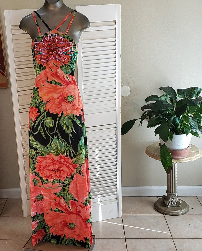Vintage 60s 70s Floral Maxi Dress Flower Power Jersey / Sequined Detail Bodice / S/M image 2