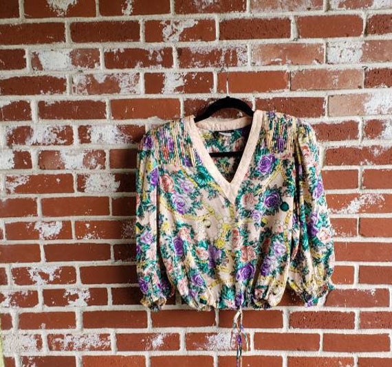 Vintage 80s Diane Freis Silk Top Blouse Puffy Sle… - image 2